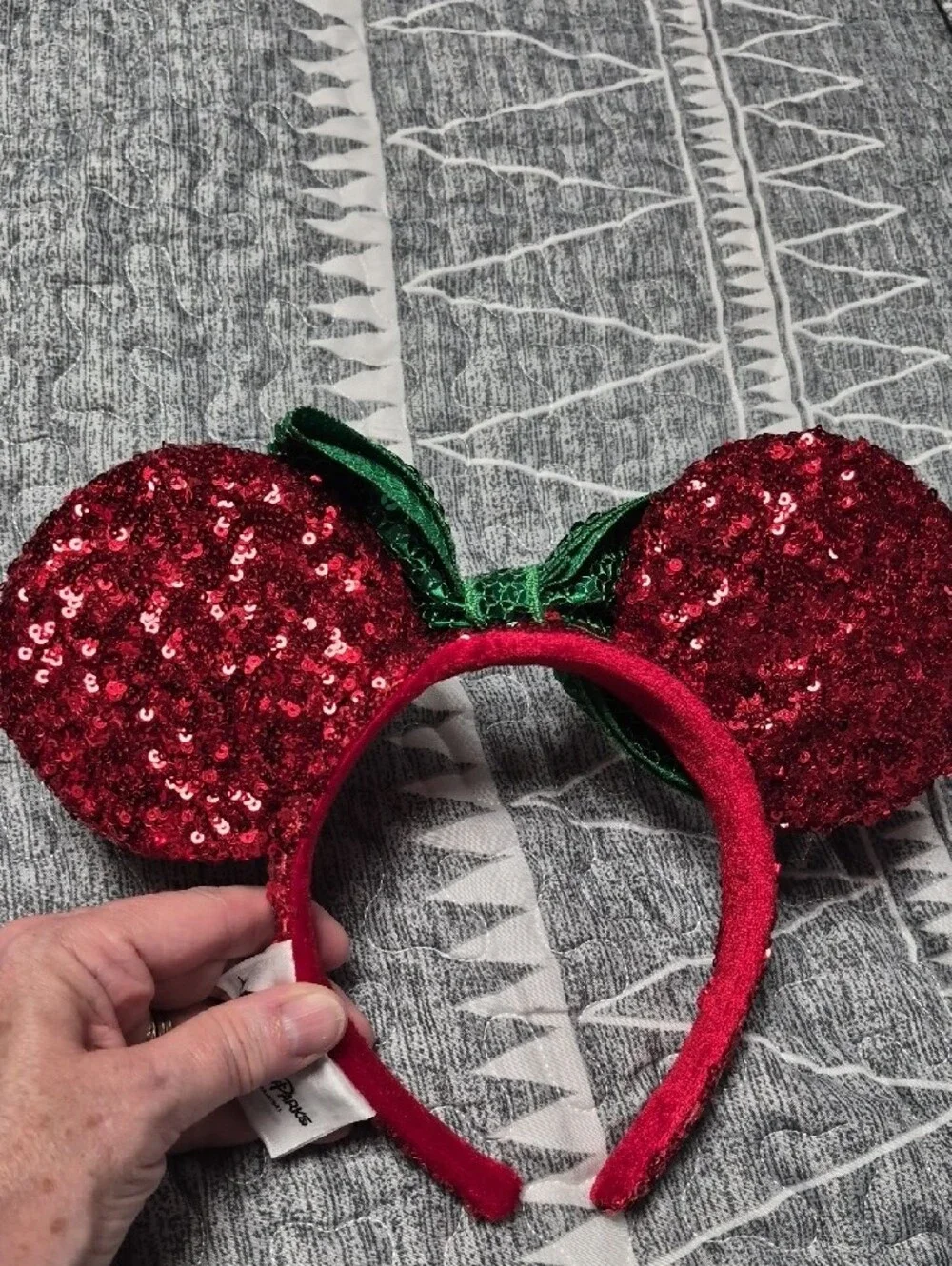 Disney Red Sequin Minnie Ears Headband with Green Bow